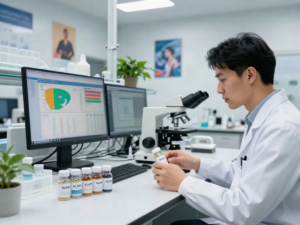 Buy klow peptide Canada in a modern lab setting with vials and researchers analyzing health benefits.