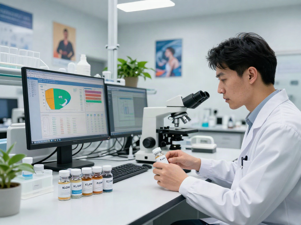 Buy klow peptide Canada in a modern lab setting with vials and researchers analyzing health benefits.