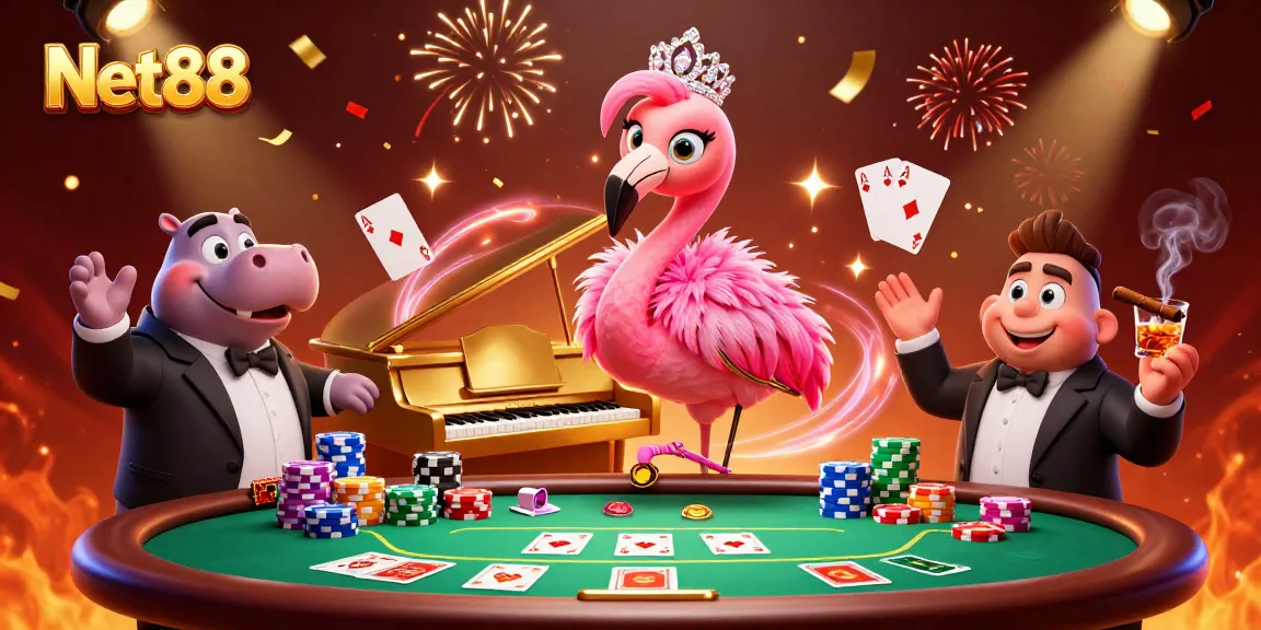 Experience excitement at Net88 with unique flamingo and hippo characters in a vibrant casino setting.