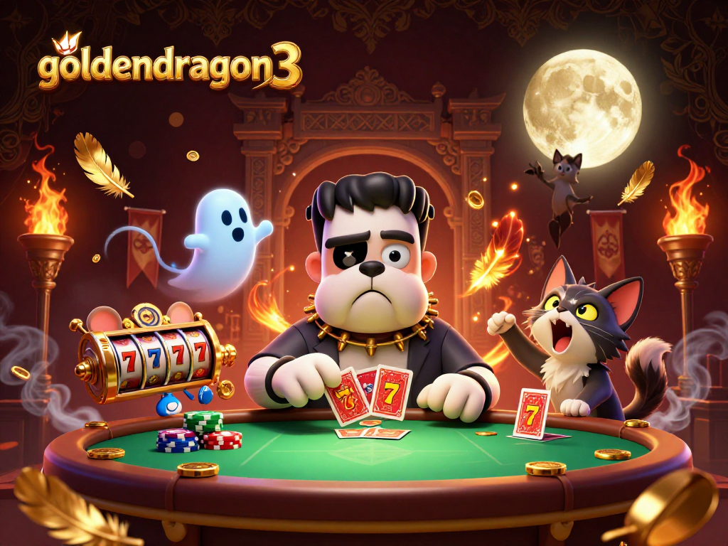 Engage with goldendragon3 while winning big at a colorful slot table led by a card-dealing bulldog monster.