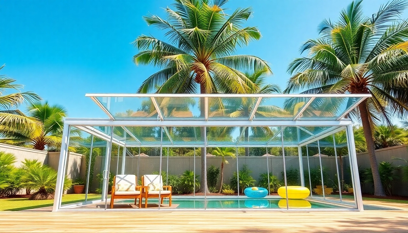 Beautiful pool enclosure enhances outdoor living space with modern design and lush greenery.