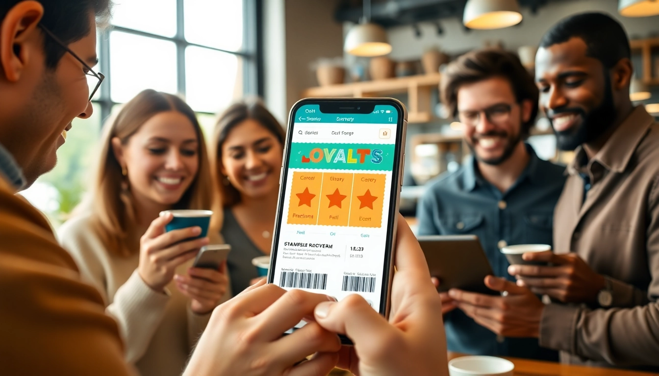 Engaging customers using digital stamp cards in a vibrant café setting.