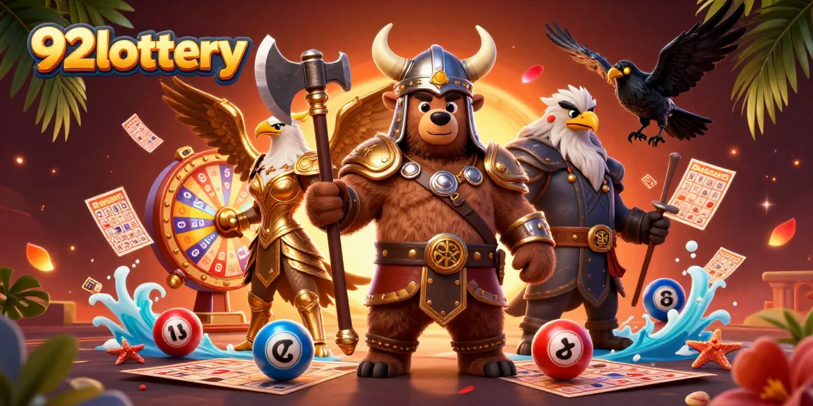 Engage with 92lottery in a vibrant scene featuring a Viking bear, Valkyrie eagle, and lottery elements.