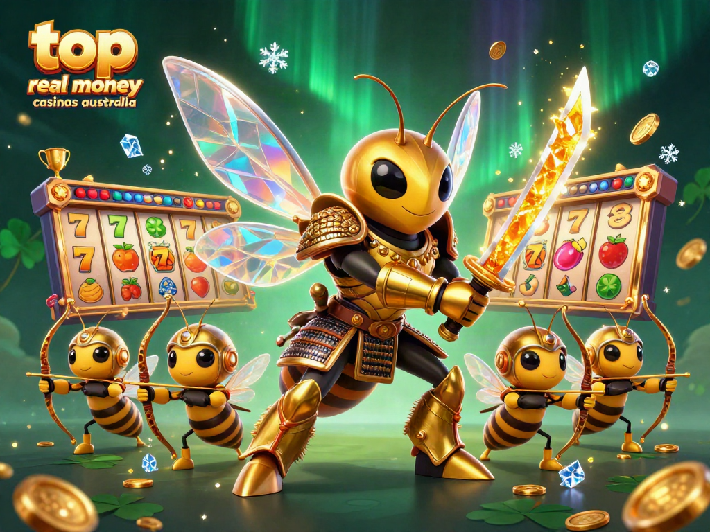 Experience top real money casinos Australia with a dynamic 3D illustration of a golden hornet and slot elements.