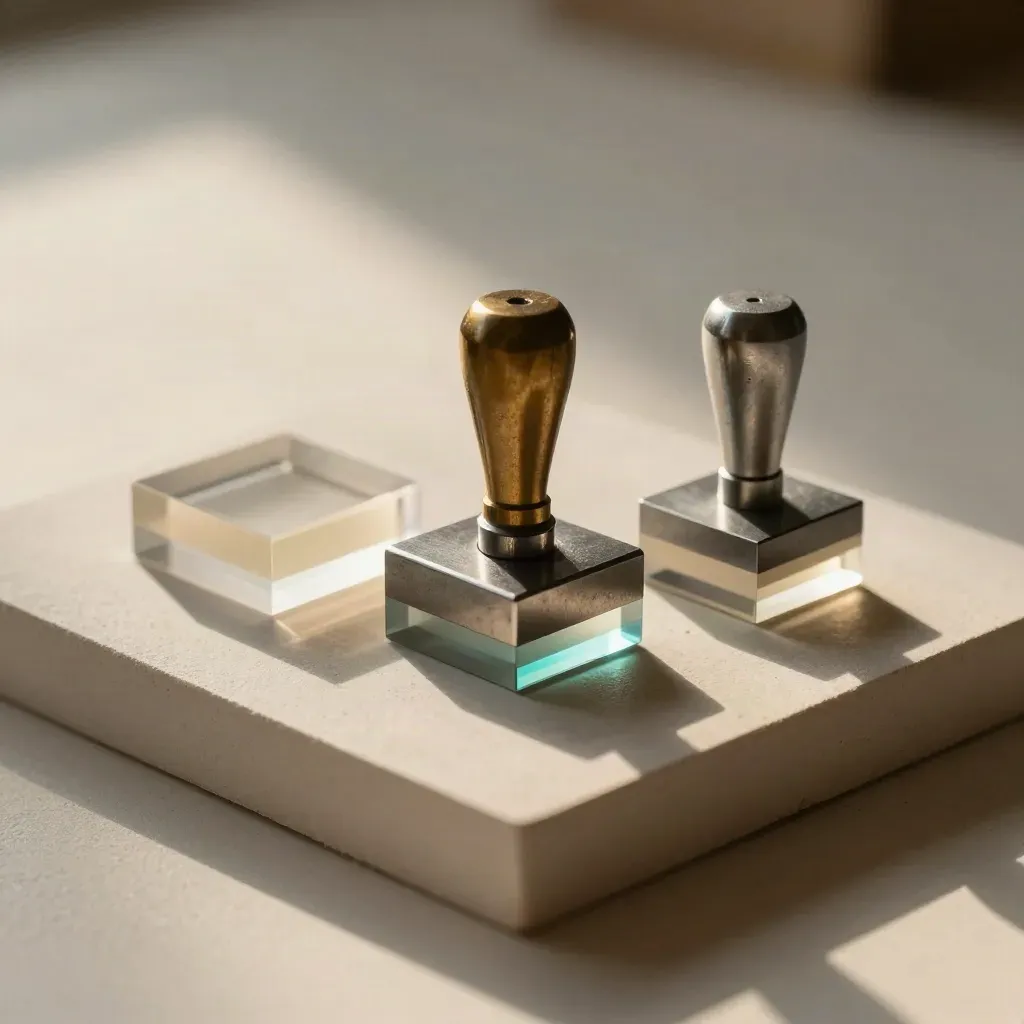 Acrylic logo prototypes, metal die, and sealed stamp on a plaster plinth with cyan glints.