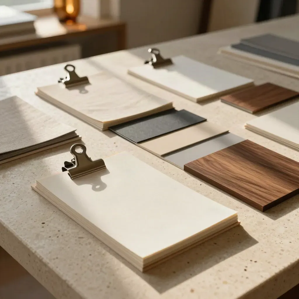 Travertine worktable with identity boards, swatches, and clips in warm studio light.