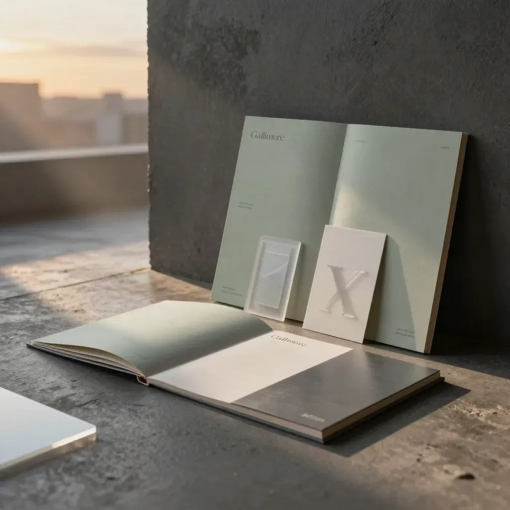 Identity boards, swatch books, and acrylic forms in a moody studio alcove at sunset.