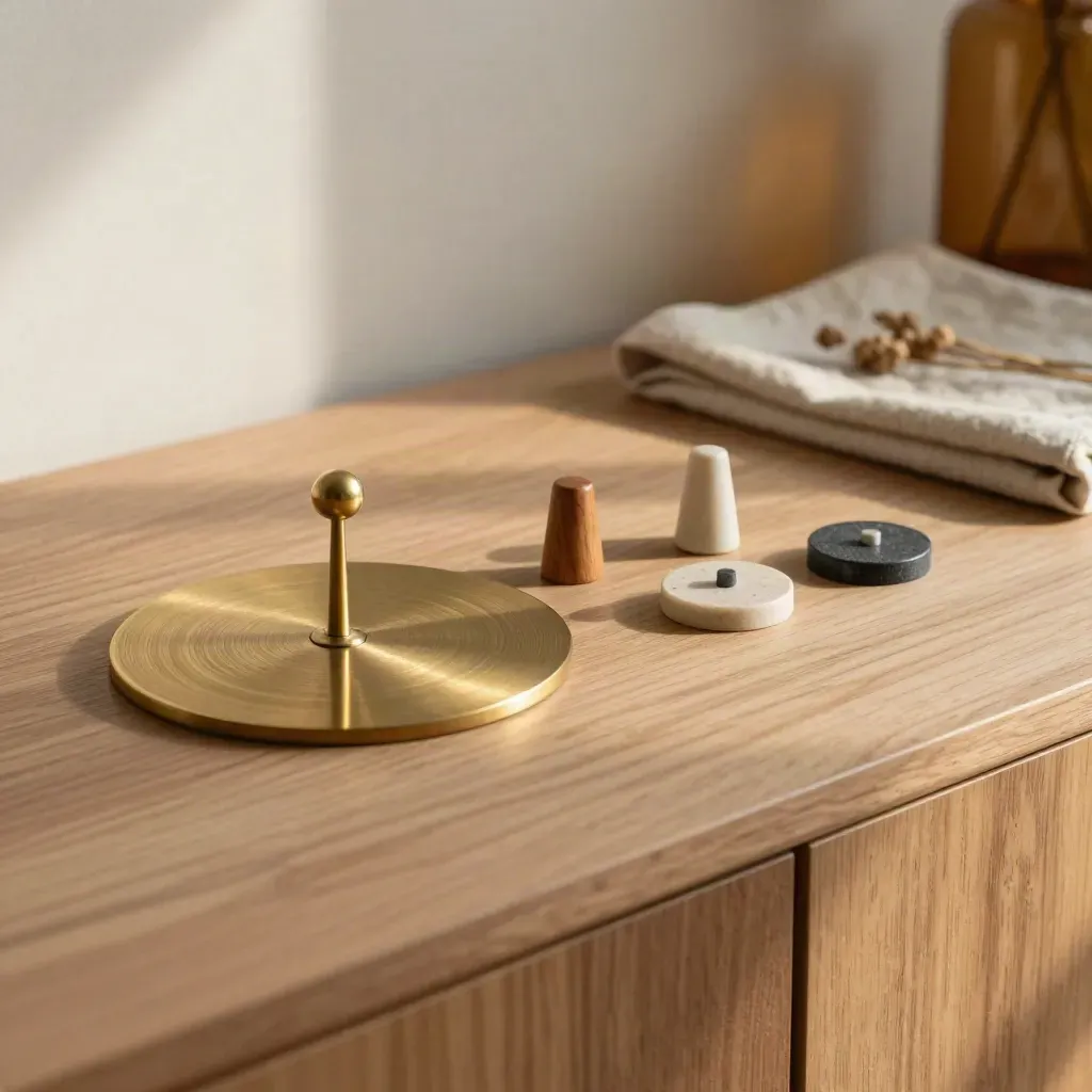 Brass strategy disc, route markers, and launch tokens on a warm sideboard in window light.