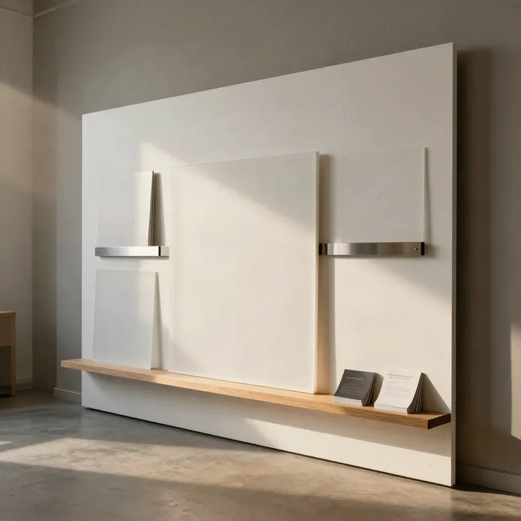 Bright homepage presentation wall with white proof blocks in a dark studio corner