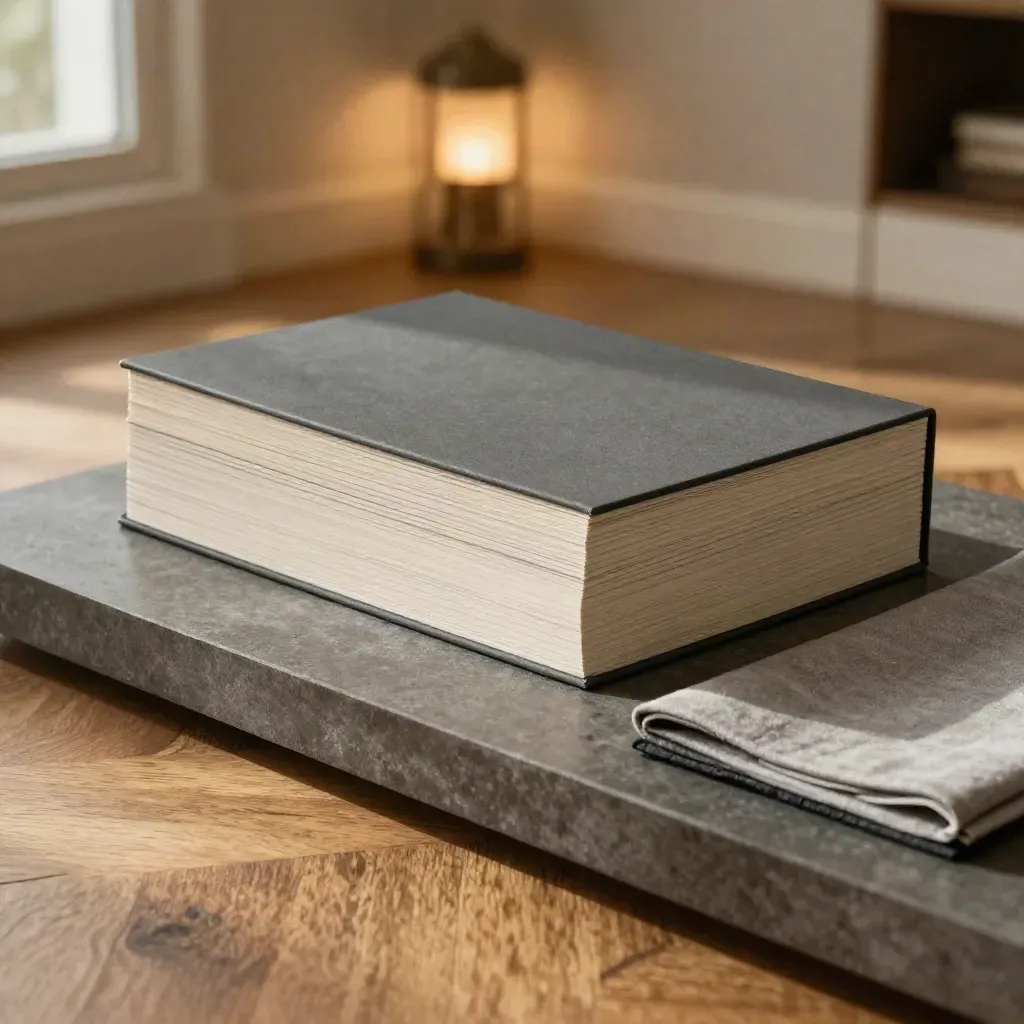 Sales deck stack with tabbed boards on a stone plinth in warm window light.