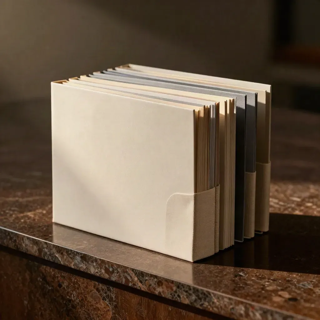 Moody close-up of a premium pitch deck package with tabbed boards on a travertine ledge.