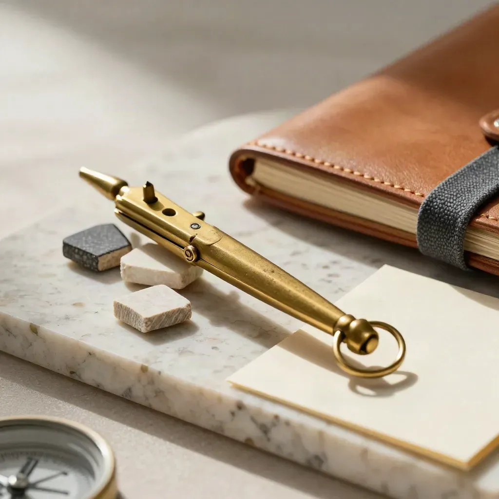Brass compass, stone chips, and a leather notebook on travertine