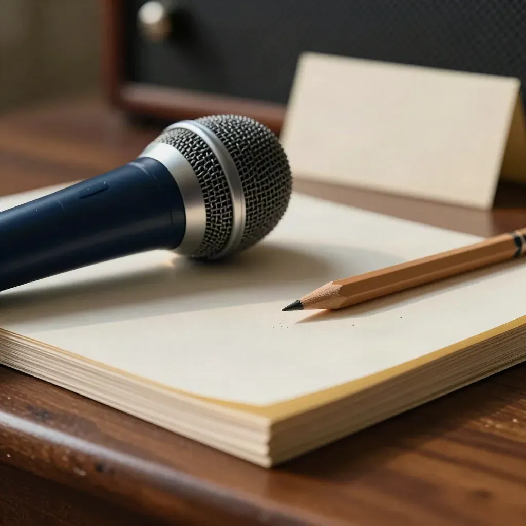 Macro still life of a navy microphone, pencil, and face-down proof slips on a walnut studio desk.