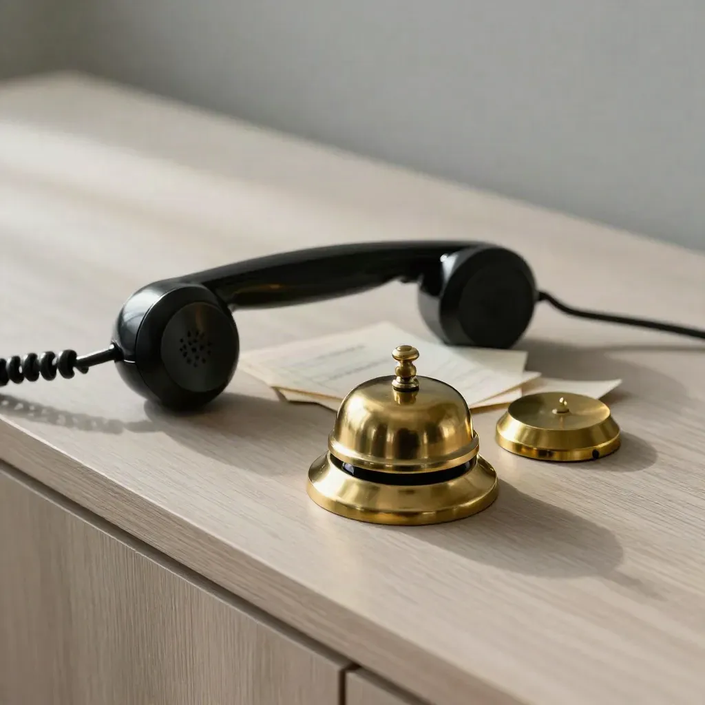 Black handset in brass cradle with bell and call token on pale wood, top-down still life.