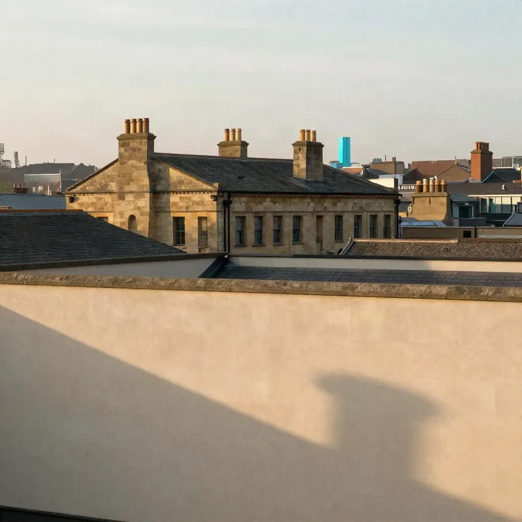 Birmingham Jewellery Quarter roofs above a calm pale stone backdrop in warm haze