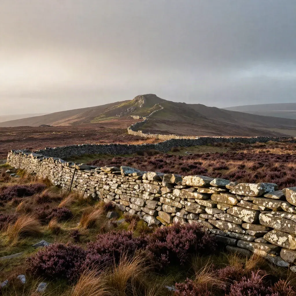 Mist lifting over remote UK moorland, stone walls and heather beneath low cloud.