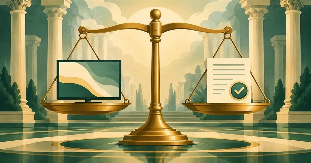 Balanced scale holding a TV and a licensed document, showing whether IPTV is legal in the USA