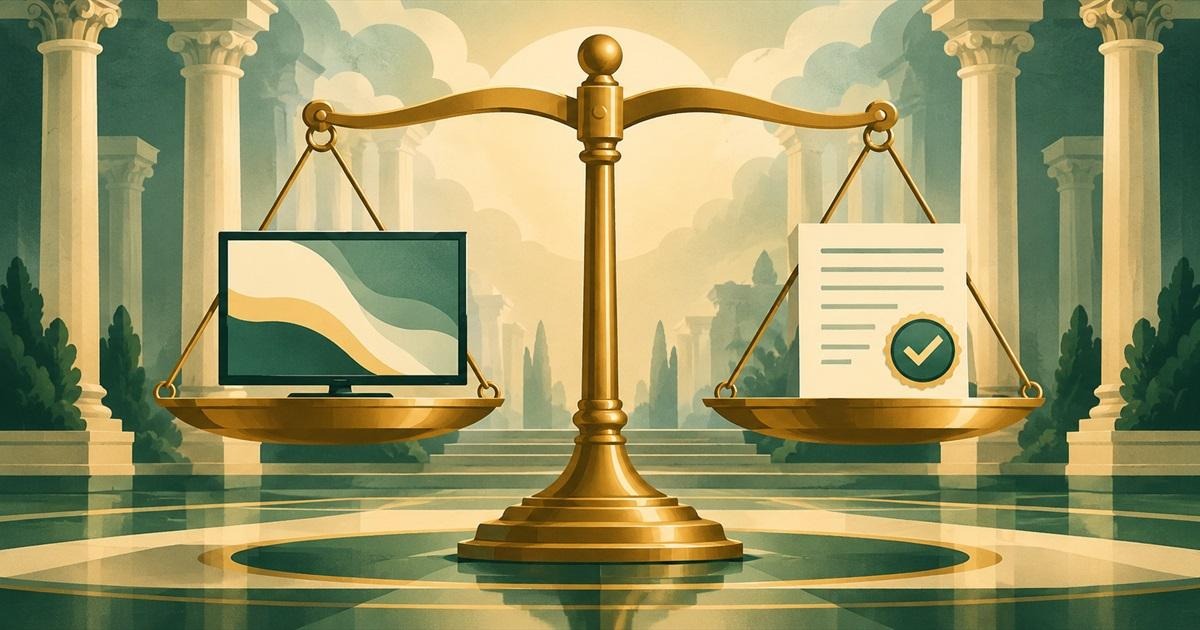 Balanced scale holding a TV and a licensed document, showing whether IPTV is legal in the USA