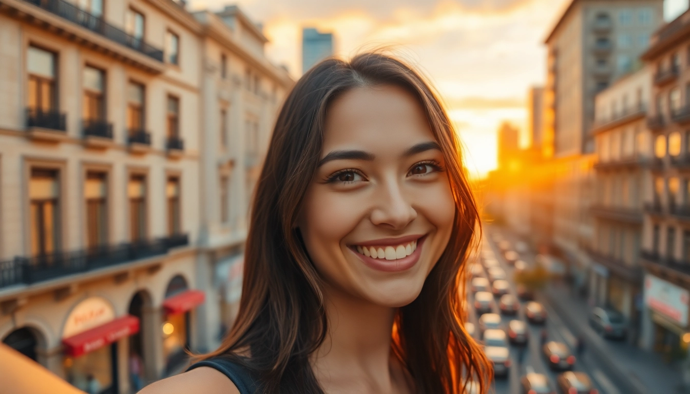 Capture the essence of a joyful Selfie in an urban skyline at sunset.