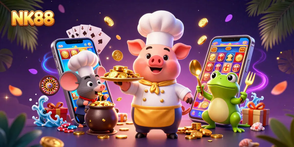 Experience the vibrant casino world with NK88, featuring gold coins, exciting slot games, and lively characters.