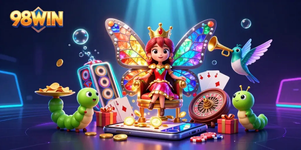 Engage with 98WIN’s vibrant digital casino world featuring colorful slots, coins, and lively characters.