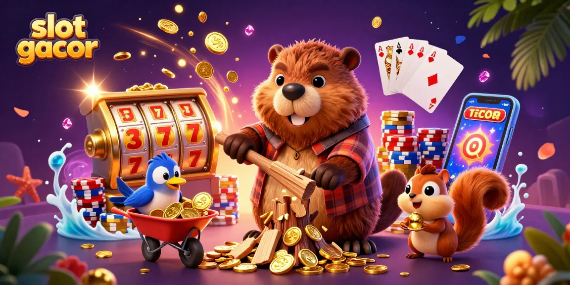 Slot gacor scene with a beaver chopping trees raining coins and a vibrant casino atmosphere.