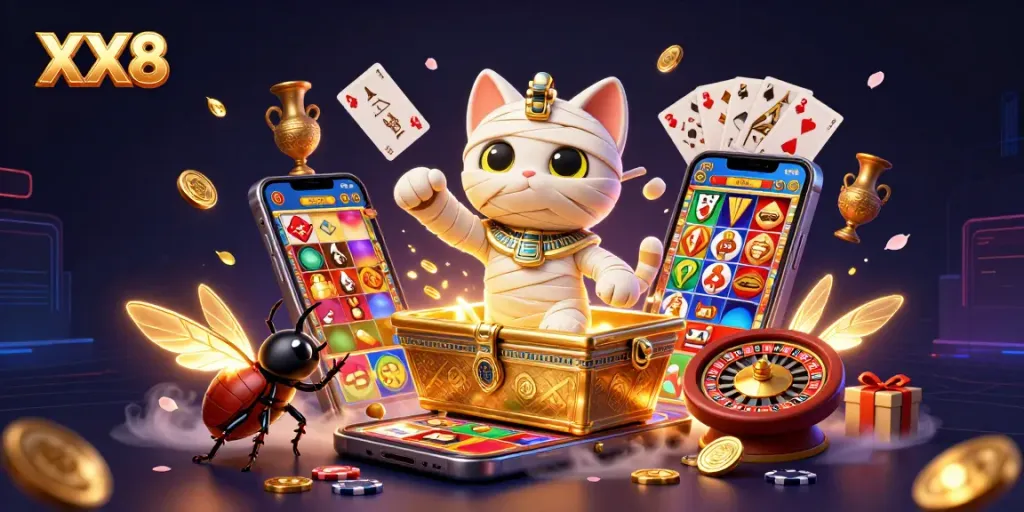 Engage in thrilling slot action with XX8, featuring a mummy cat in a vibrant casino.