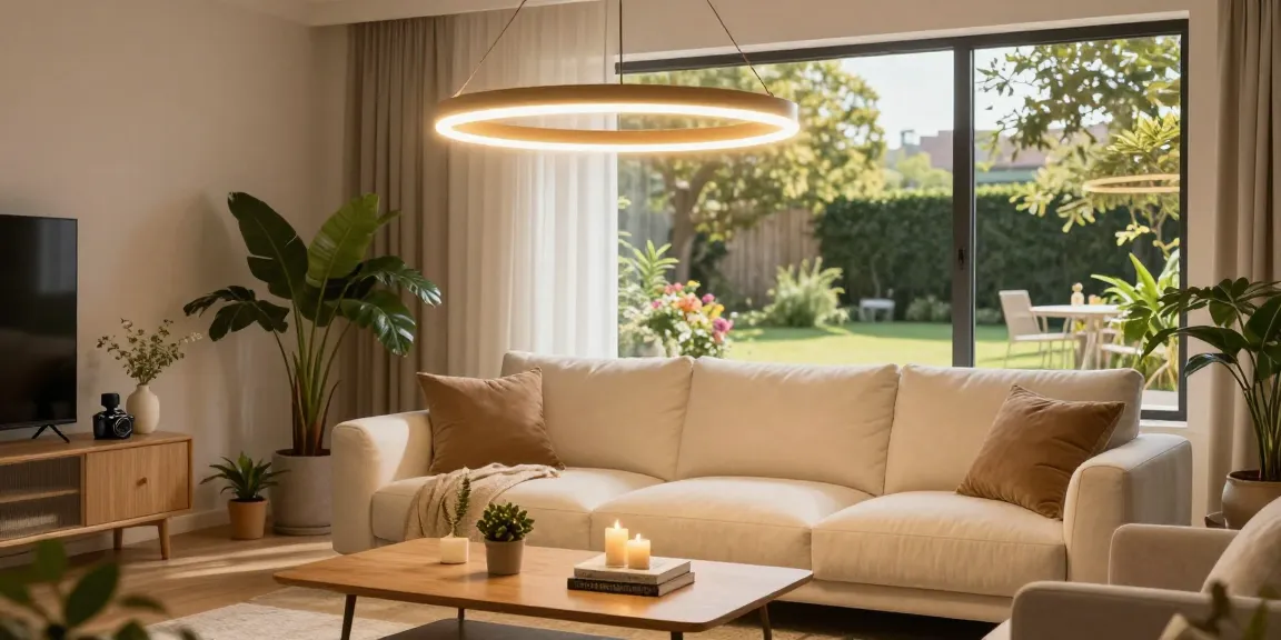 Lustra living modernă iluminând un living confortabil, cu plante decorative și lumină caldă LED.