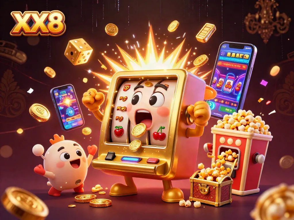 Experience a thrilling jackpot with XX8 as the golden slot machine explodes with coins.