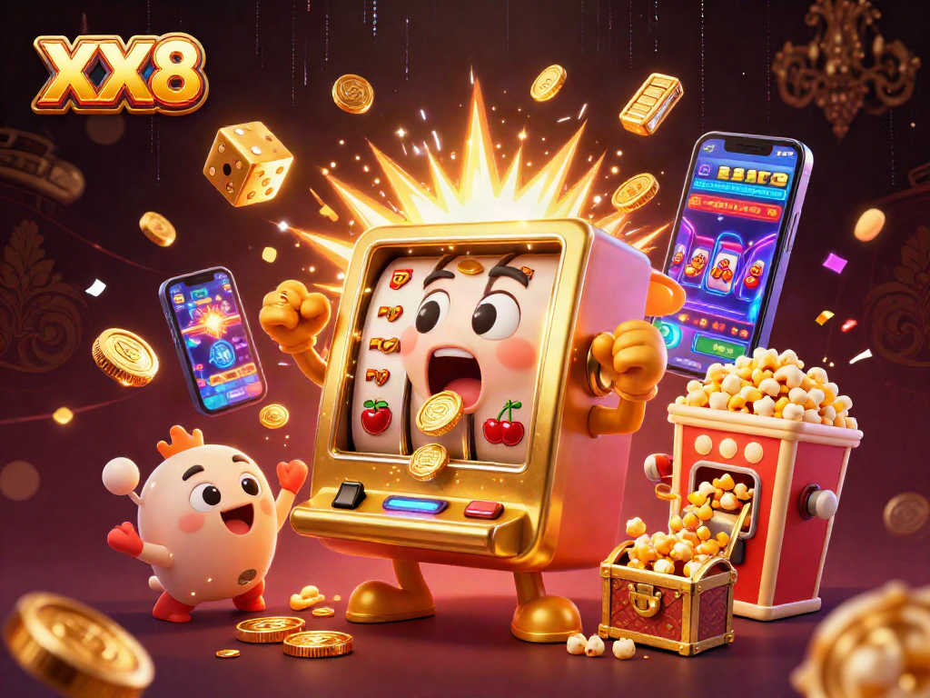 Experience a thrilling jackpot with XX8 as the golden slot machine explodes with coins.