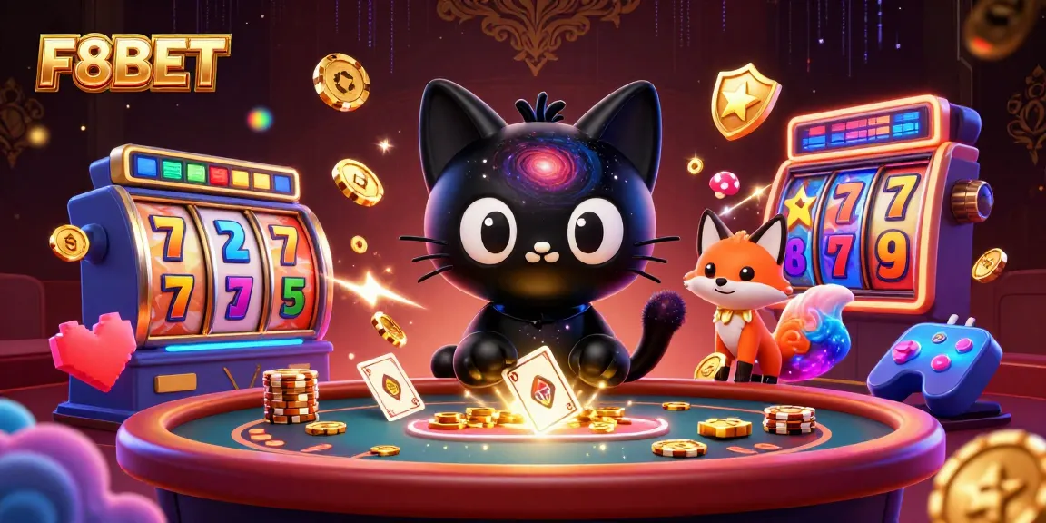 F8BET cat pulls in chips and cards at a cosmic casino table, surrounded by slot reels.