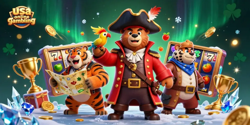 Experience usa online gambling with a vibrant scene featuring a pirate captain bear and his crew among slot reels.