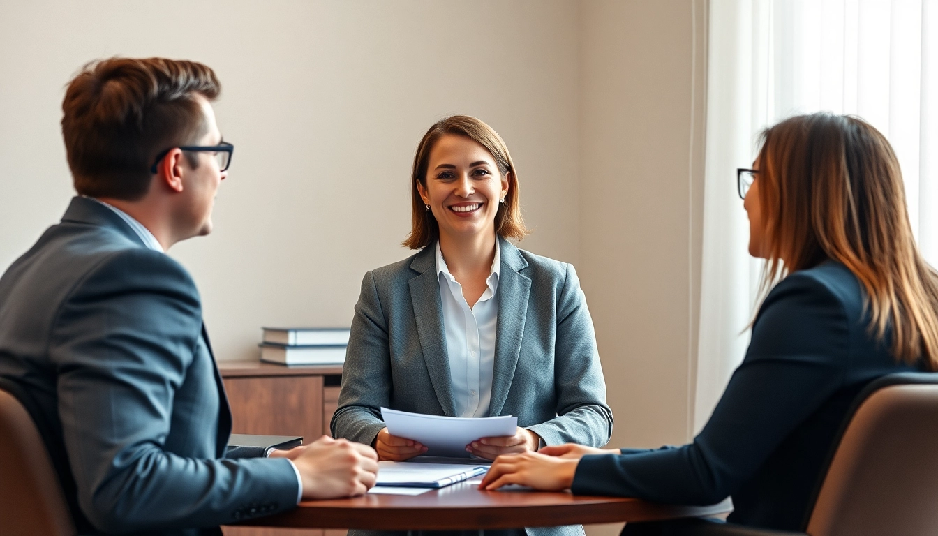 Mediation session with a professional mediator facilitating discussion between two clients in a bright office setting.