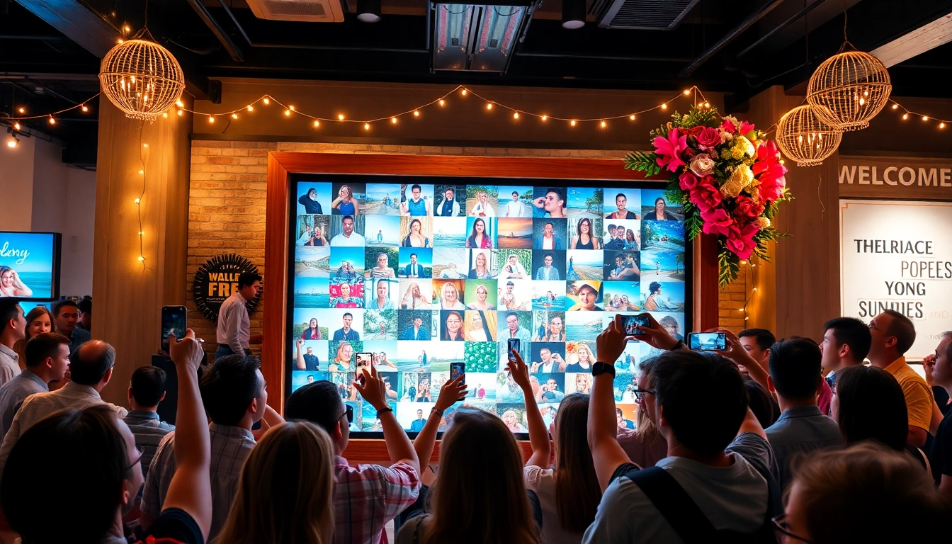 Guests engaging with an interactive photo wall filled with colorful memories.