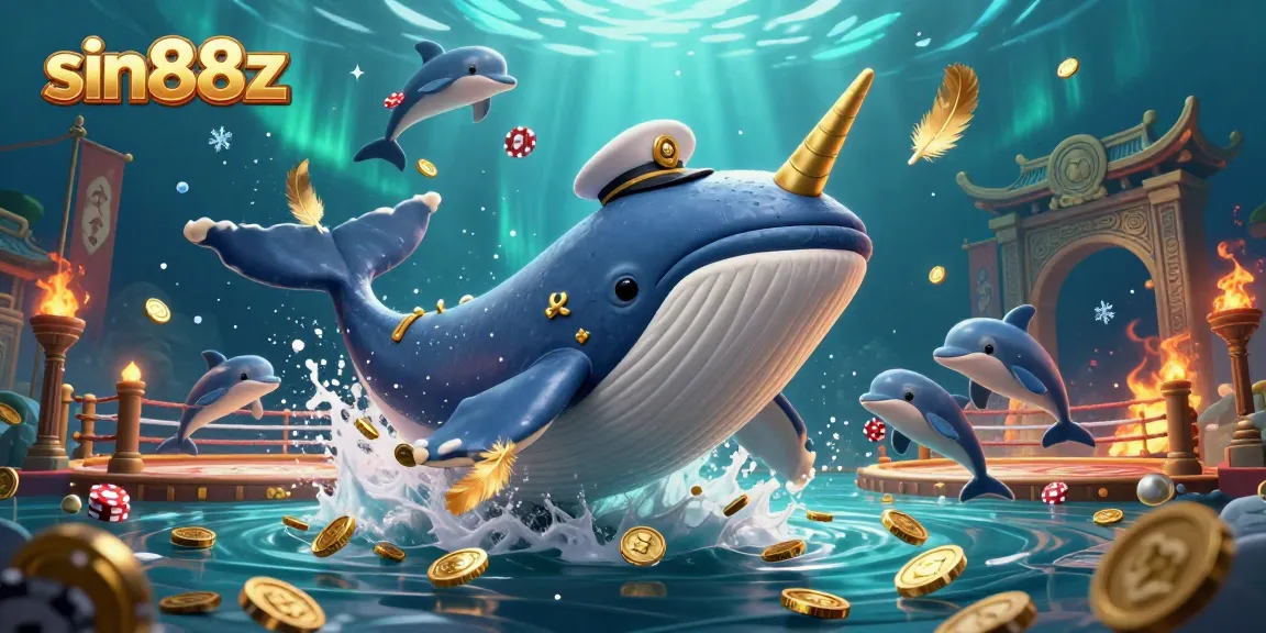 Experience thrilling gameplay at sin88z with a vibrant whale, narwhal, and dolphins immersed in a dynamic casino scene.