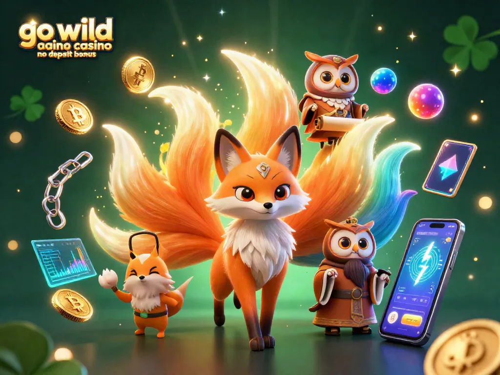 Explore the vibrant go wild casino no deposit bonus illustration with a nine-tailed fox and crypto elements.