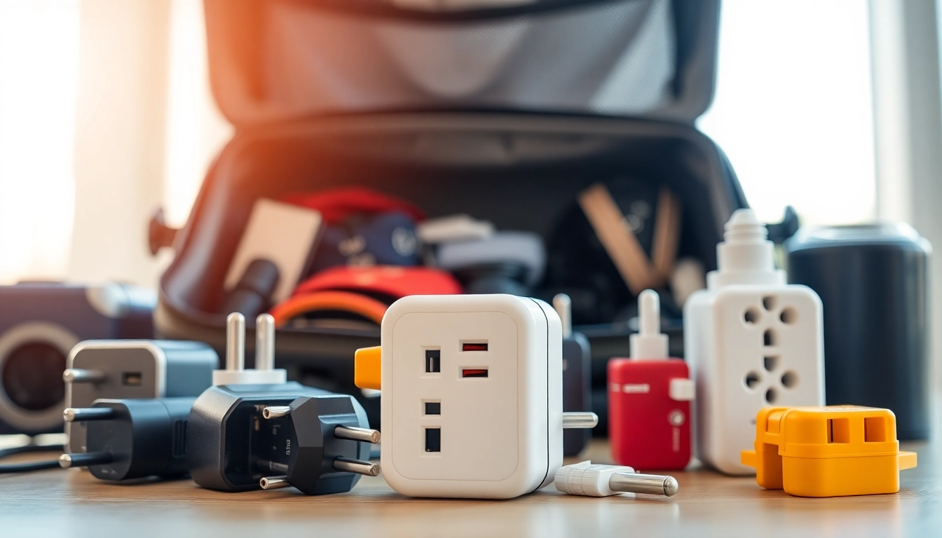 Bekijk de reisstekker.nl met verschillende reisadapters en stekkers in een moderne reisetting.