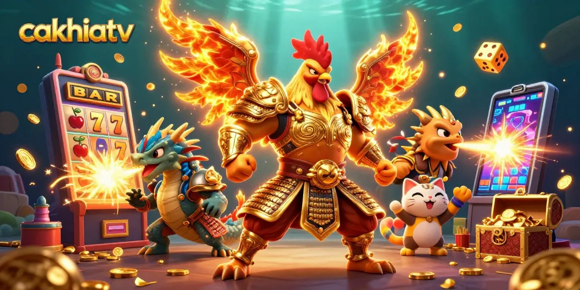 Join the excitement of cakhiatv with a dynamic scene showcasing iconic characters and thrilling gaming elements.