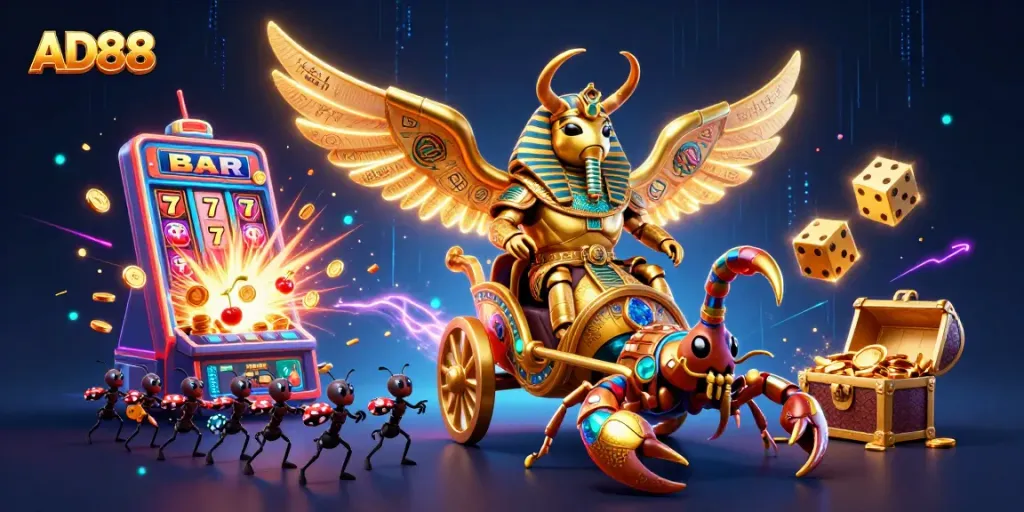 Experience the thrilling AD88 jackpot explosion with vibrant 3D elements engaging players in a casino adventure.