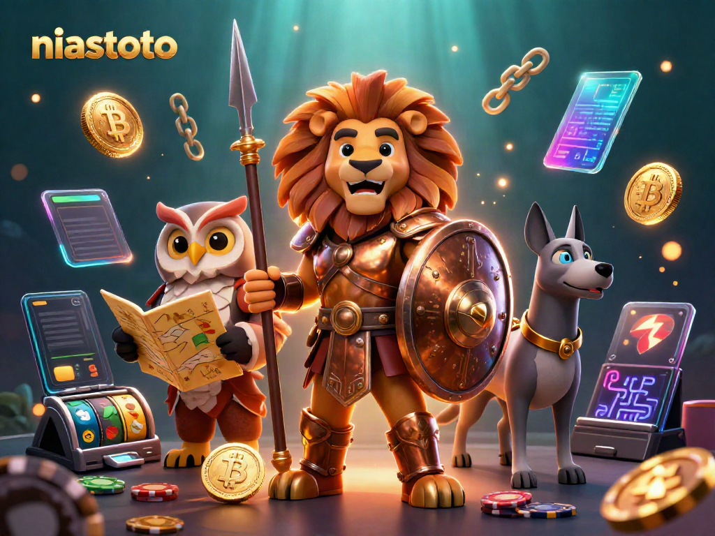 Join the excitement at niastoto with a vibrant 3D scene of a Spartan lion and friends celebrating gaming wins.