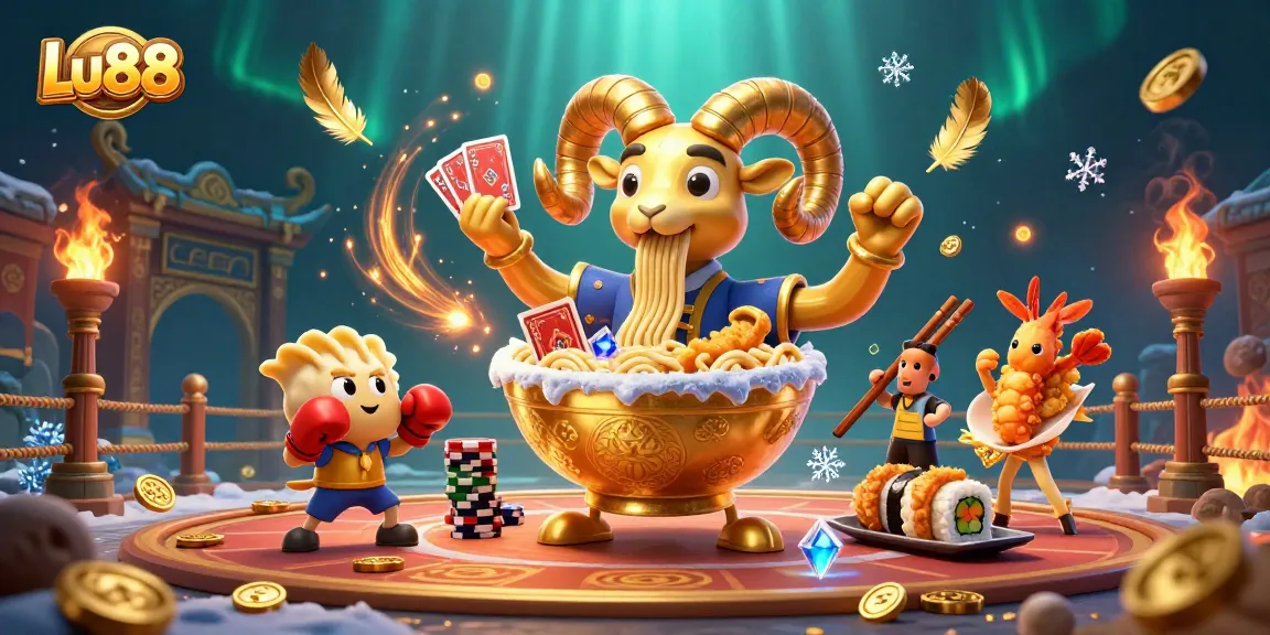Lu88 showcases a vibrant scene with a golden ramen bowl dealer and cheerful sushi characters in a unique casino setting.