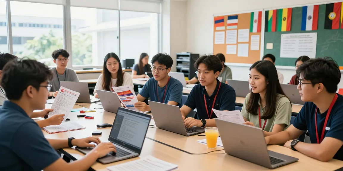 Du học Singapore: Học sinh đa dạng đang thảo luận về cơ hội du học tại Singapore trong lớp học năng động.