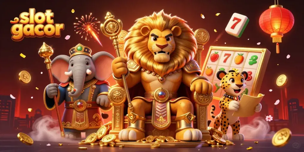 Engaging scene with slot gacor elements featuring a lion king, elephant, and cheetah amidst vibrant casino symbols.