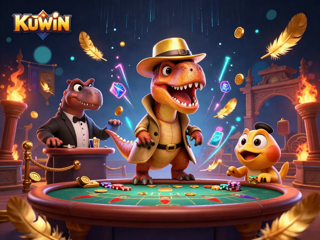 KUWIN hosts a thrilling blackjack scene with a flashy velociraptor card counter and stegosaurus pit boss.
