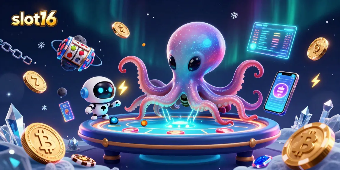 Engage in exciting slot16 action with a cosmic octopus and robot at a holographic poker table.