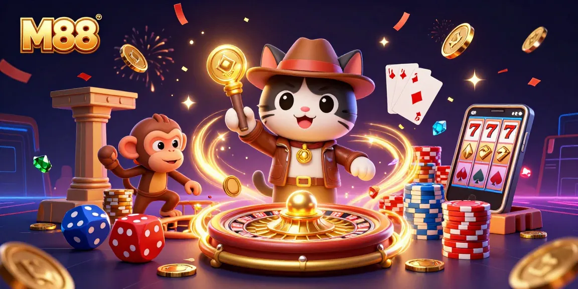 M88 brings exciting casino adventures as a cat explorer uncovers treasures amidst dynamic gaming elements.