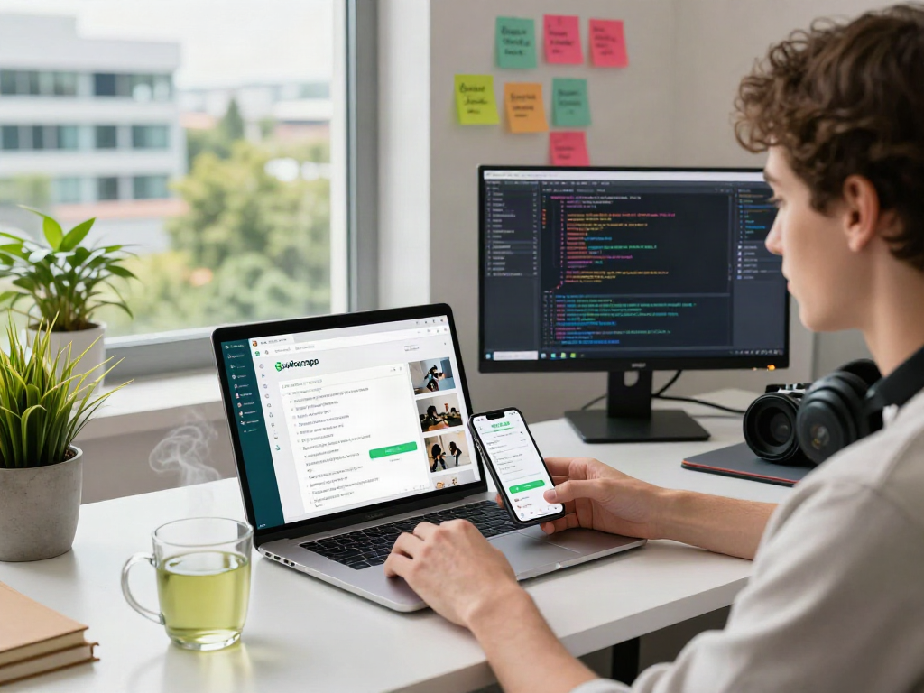 Explore the dynamic features of gbwhatsapp in a vibrant workspace setting with high-tech gadgets and coding.