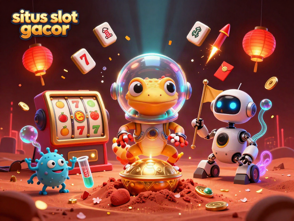 Engage with the interactive world of situs slot gacor featuring vivid slot machines, Martian characters, and festive casino elements.