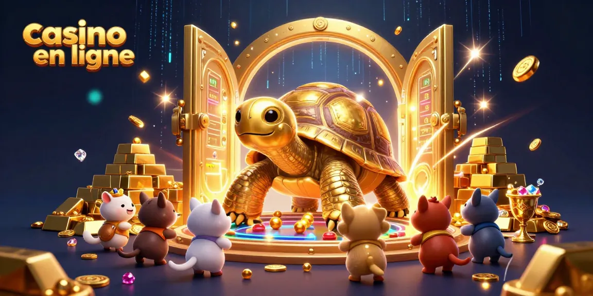 Jouez au casino en ligne avec cette illustration ludique de tortue dorée et de trésors scintillants.