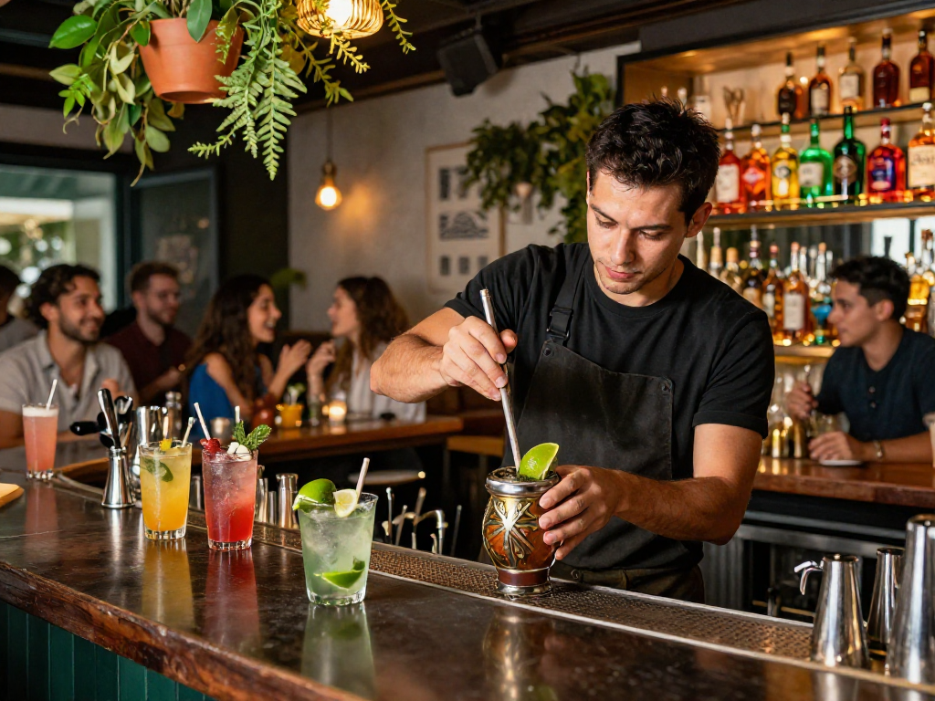 Best chuflay cocktail being prepared with fresh ingredients at a trendy bar.